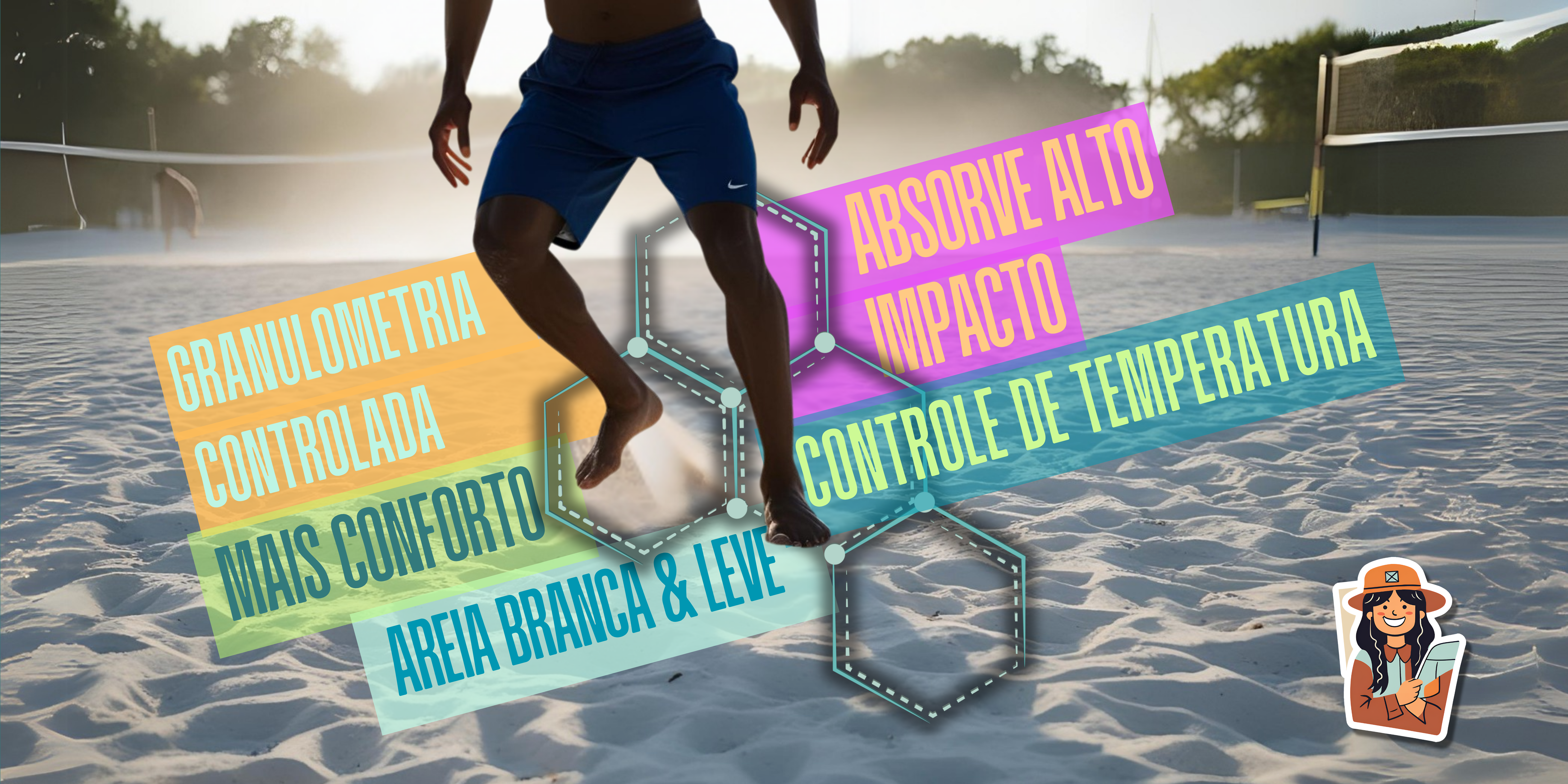 Jogador em movimento sobre areia branca de quadra de areia esportiva, destacando elementos de tecnologia, controle térmico. de granulometria e alta absorção de impacto.
