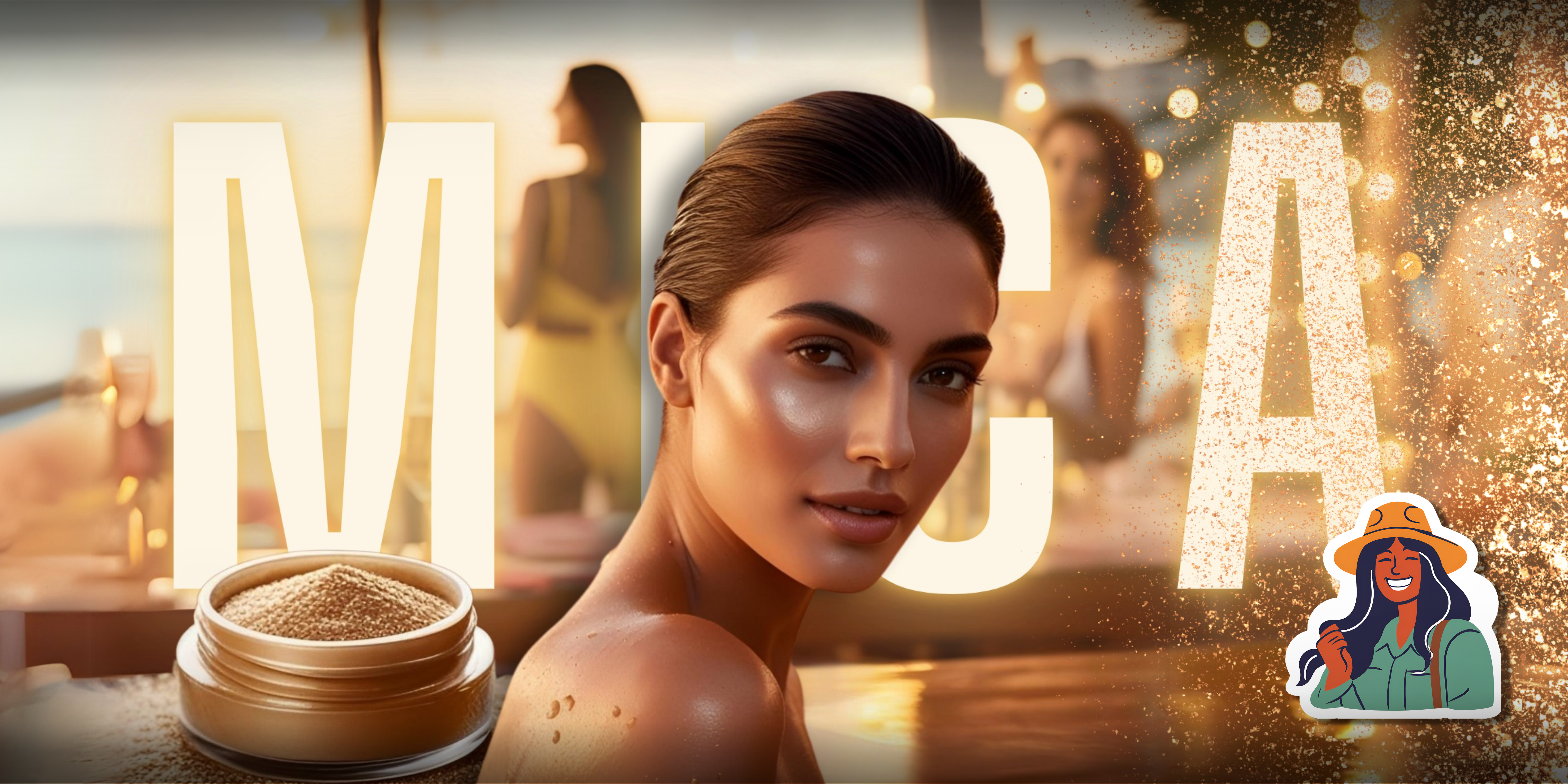 Imagem destacando a utilização de mica em cosméticos para brilho e texturização. Mulher com maquiagem iluminadora e fundo dourado que remete ao brilho dos produtos.