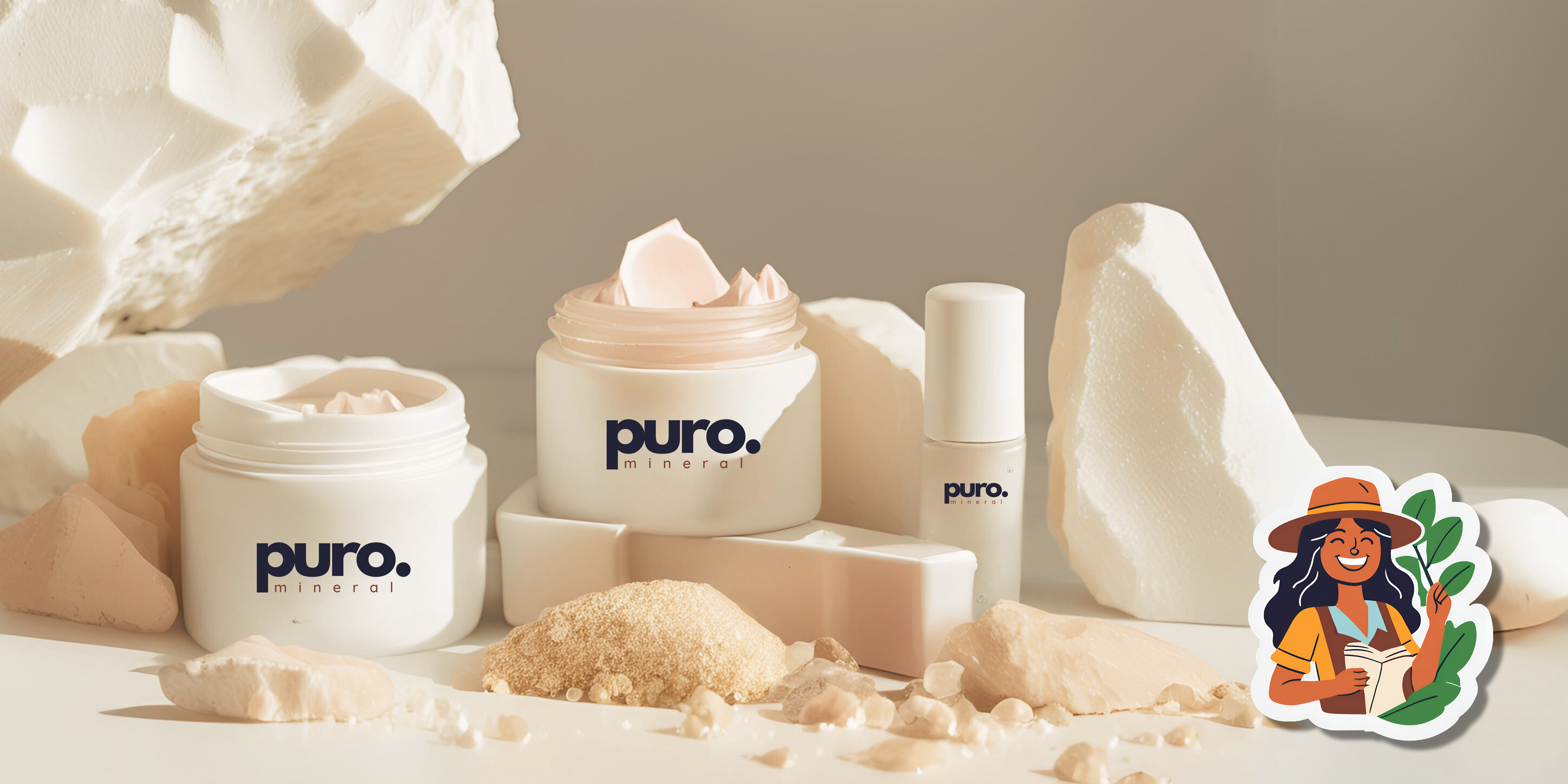Imagem com o texto "Dolomita Indispensável para a Indústria Cosmética" em destaque, sobre um fundo composto por produtos cosméticos como cremes e frascos, acompanhados de pedaços de dolomita em forma de pedras naturais. A composição ressalta como a Dolomita, Indispensável para a Indústria Cosmética, também é valorizada em cuidados pessoais. Há, ainda, uma ilustração de uma mulher sorridente com chapéu, segurando um livro, que transmite um toque descontraído e acolhedor.