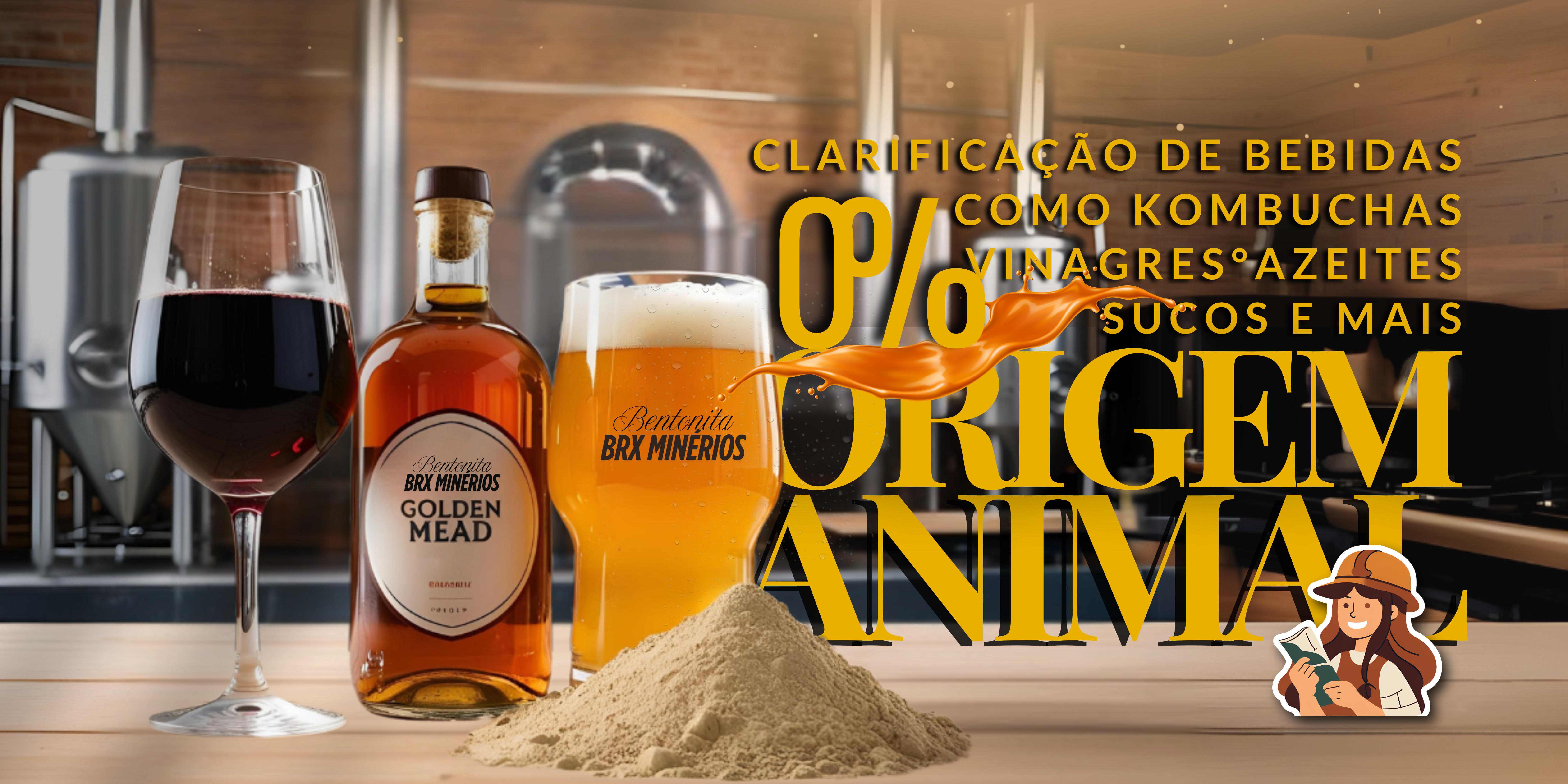 Bentonita Enogel BBRX Minérios para clarificação de bebidas como hidromel, cerveja e vinho em uma cervejaria artesanal.Demonstrar como a bentonita Enogel auxilia na clarificação de bebidas, como hidromel, cervejas e vinhos, destacando o produto da BRX Minérios em um ambiente de produção de bebidas.