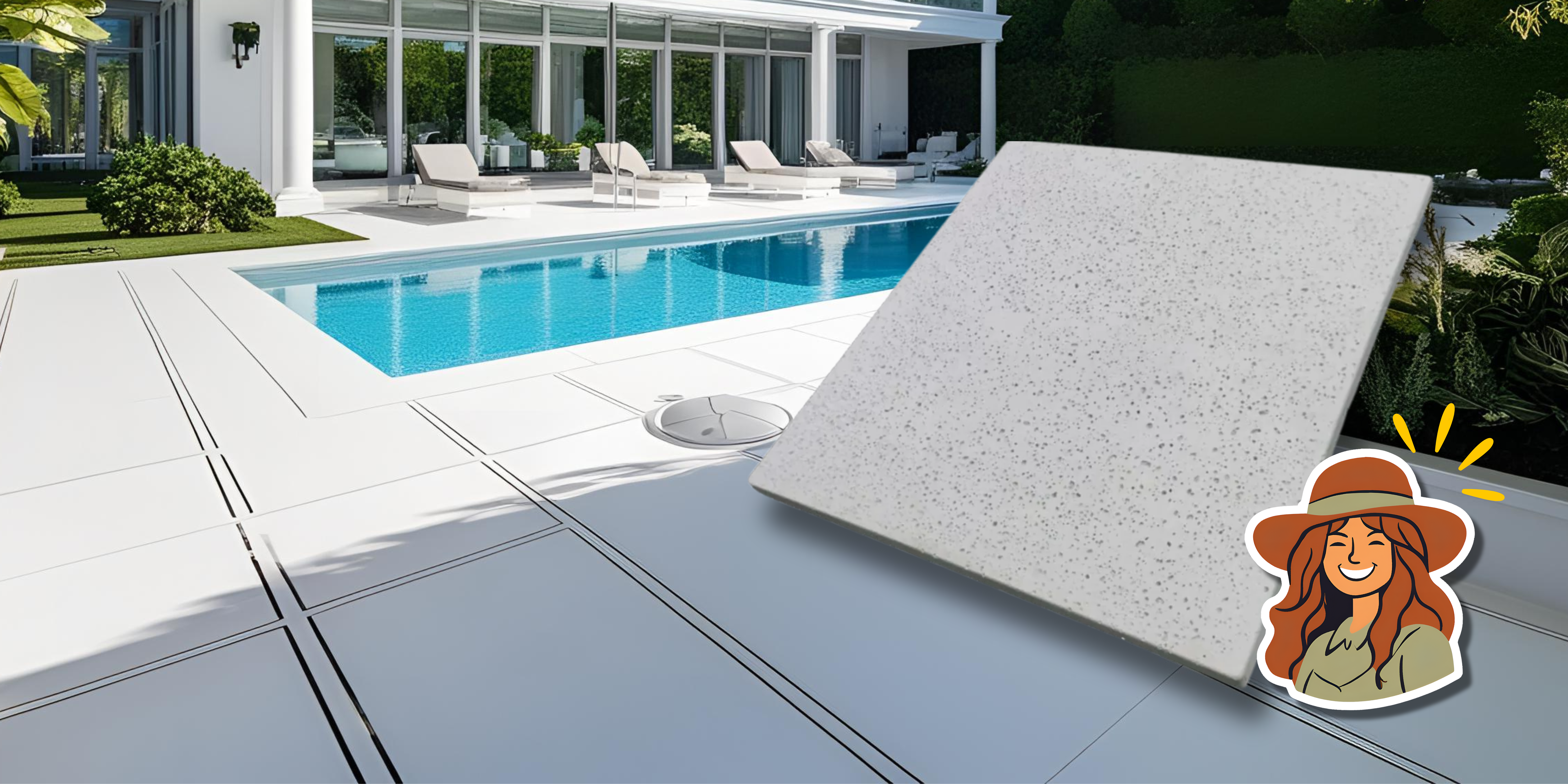 Imagem ilustra uma placa de piso atérmico, ao fundo a área externa de uma casa com piscina, onde todo o piso é de revestimento atérmico, contextualizando o tema do post: O que é Piso Atérmico: Guia Prático!