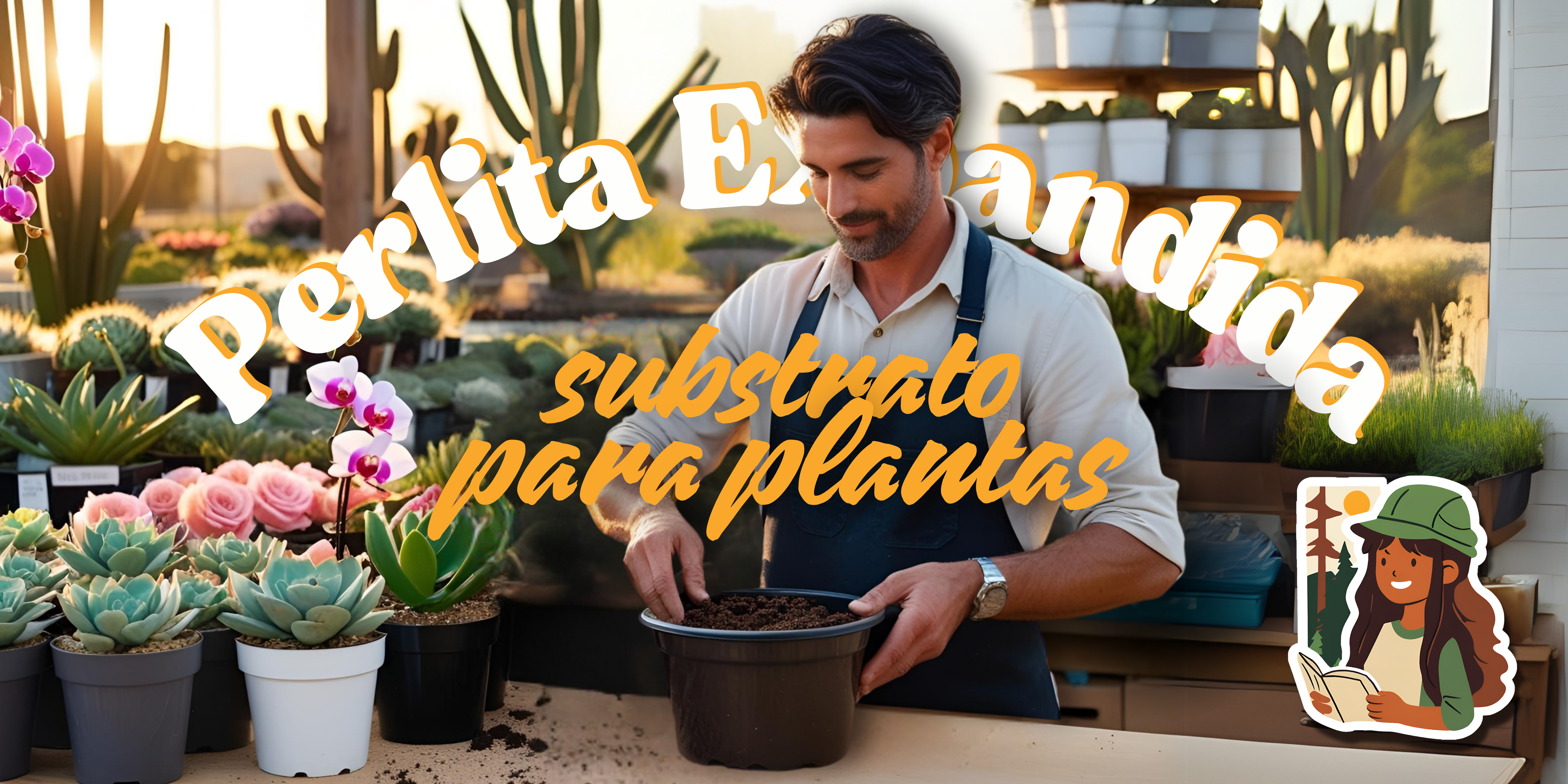 Homem cuidando de suculentas e cactos em um viveiro, ilustrando o uso da perlita expandida como substrato. Representar visualmente a aplicação prática da perlita expandida no cultivo de plantas como suculentas, cactos e orquídeas, destacando seus benefícios para o substrato.