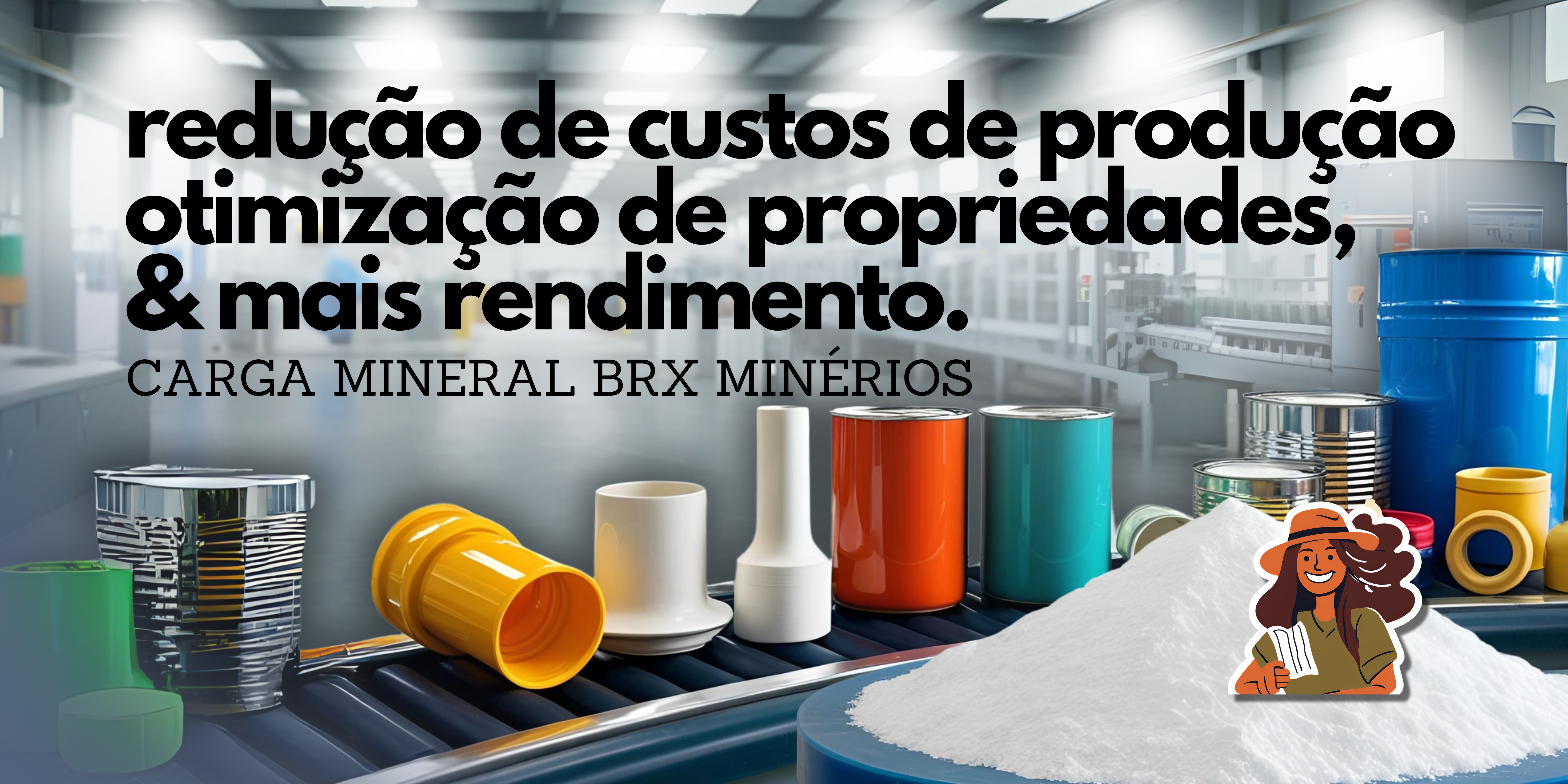 Produtos industriais como plásticos, cerâmicas, tintas e borracha ao lado de talco branco, destacando sua aplicação como carga mineral.