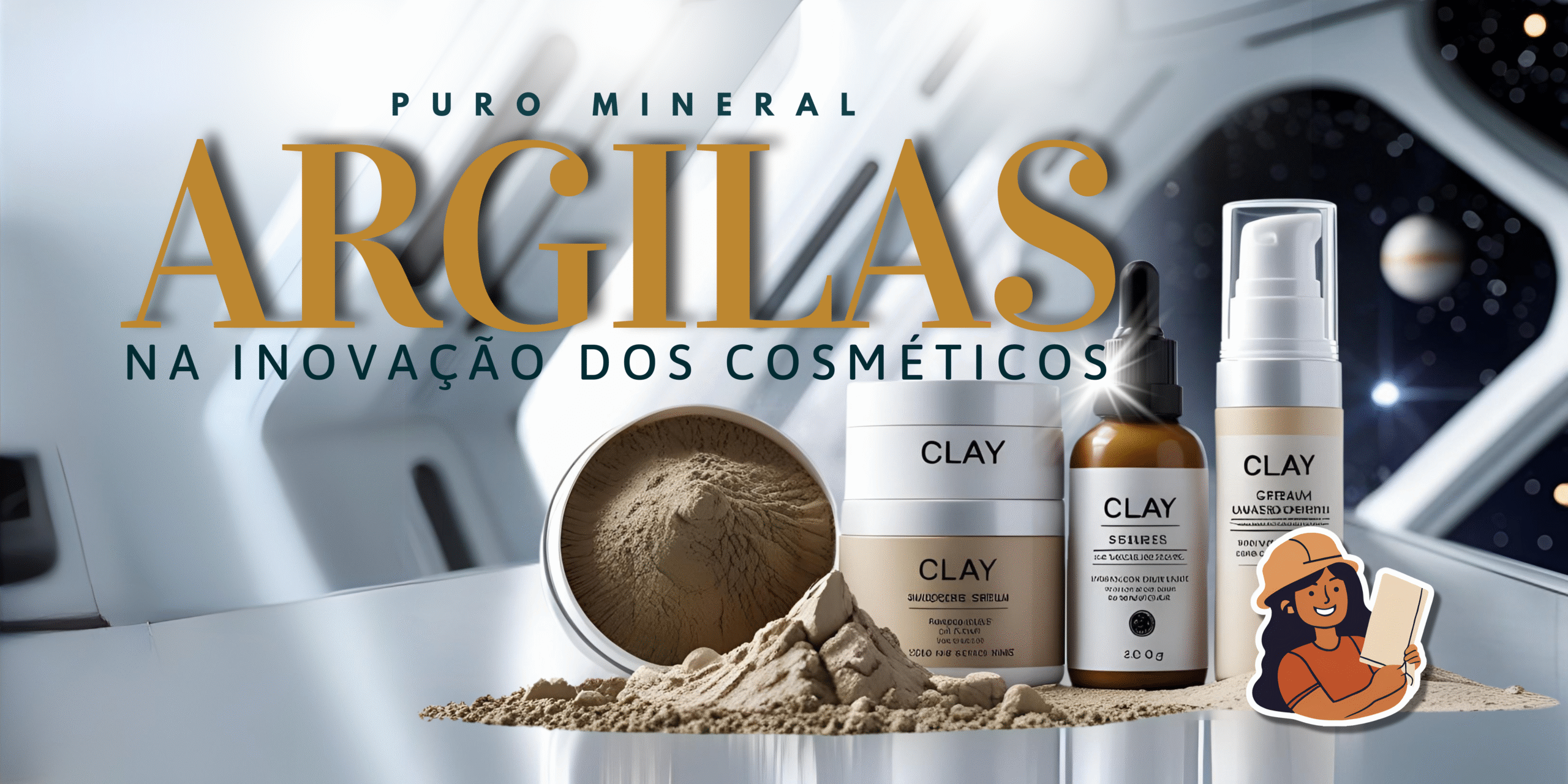 Cosméticos inovadores com argila, incluindo protetor solar e sérum, ao lado de argila em pó e creme, representando a tendência do uso de minerais naturais na indústria cosmética.