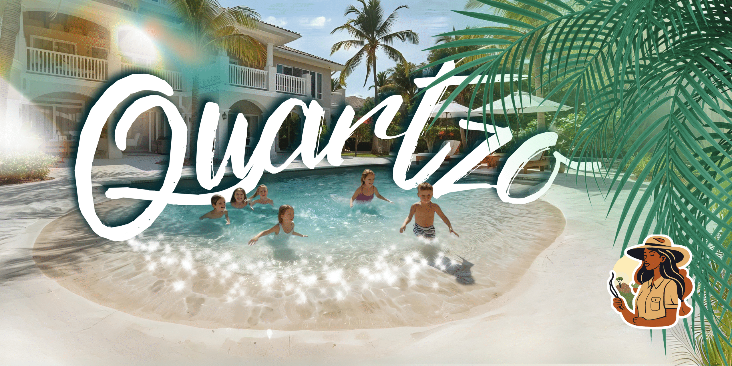 Piscina com piso de areia compactada, cercada por espreguiçadeiras e plantas tropicais, destacando elegância, aconchego e lazer em família.