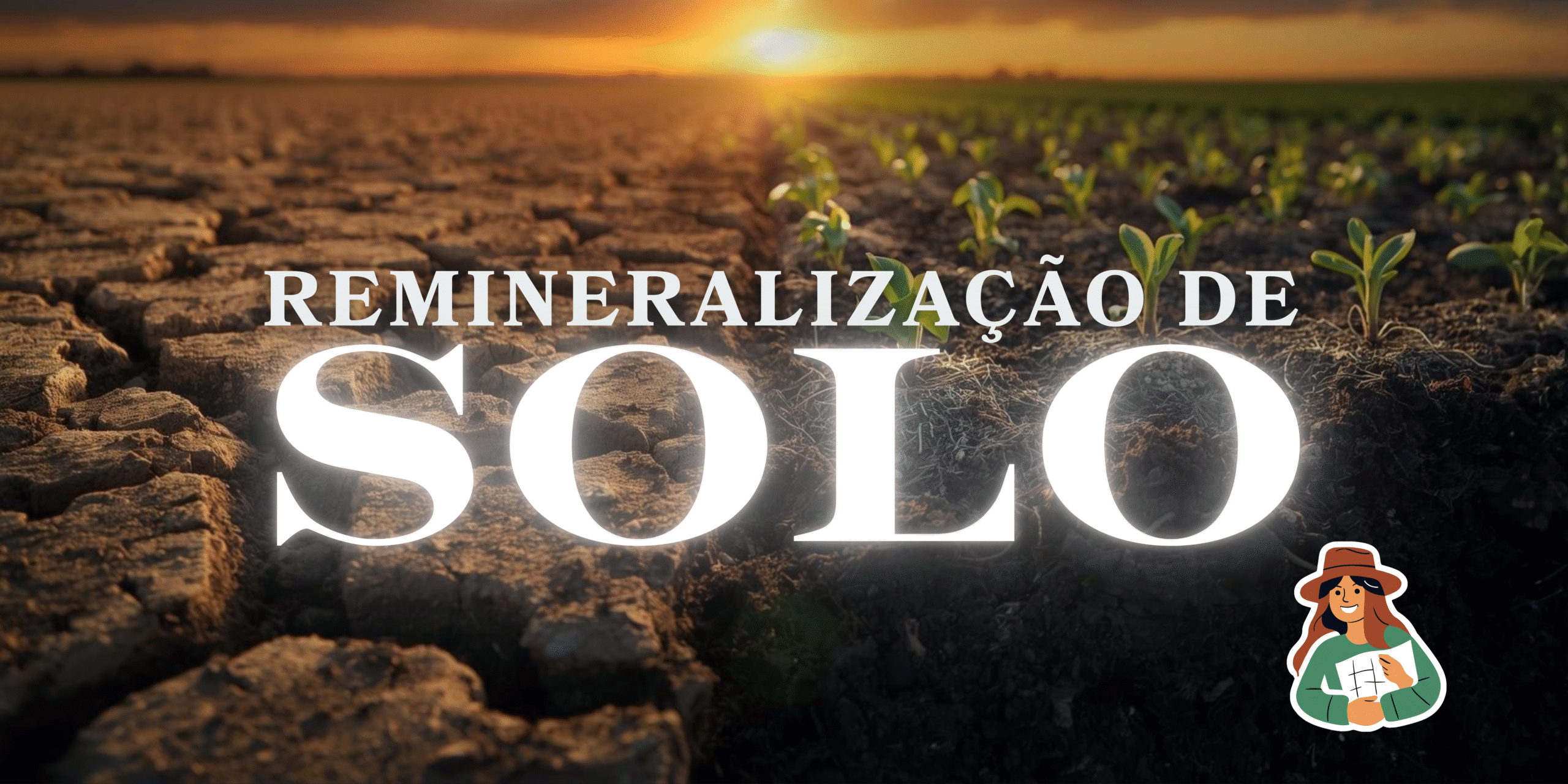 Remineralização de solo mostrando contraste entre solo degradado rachado e plantação verde saudável ao fundo, representando recuperação com pó de rocha e remineralizadores