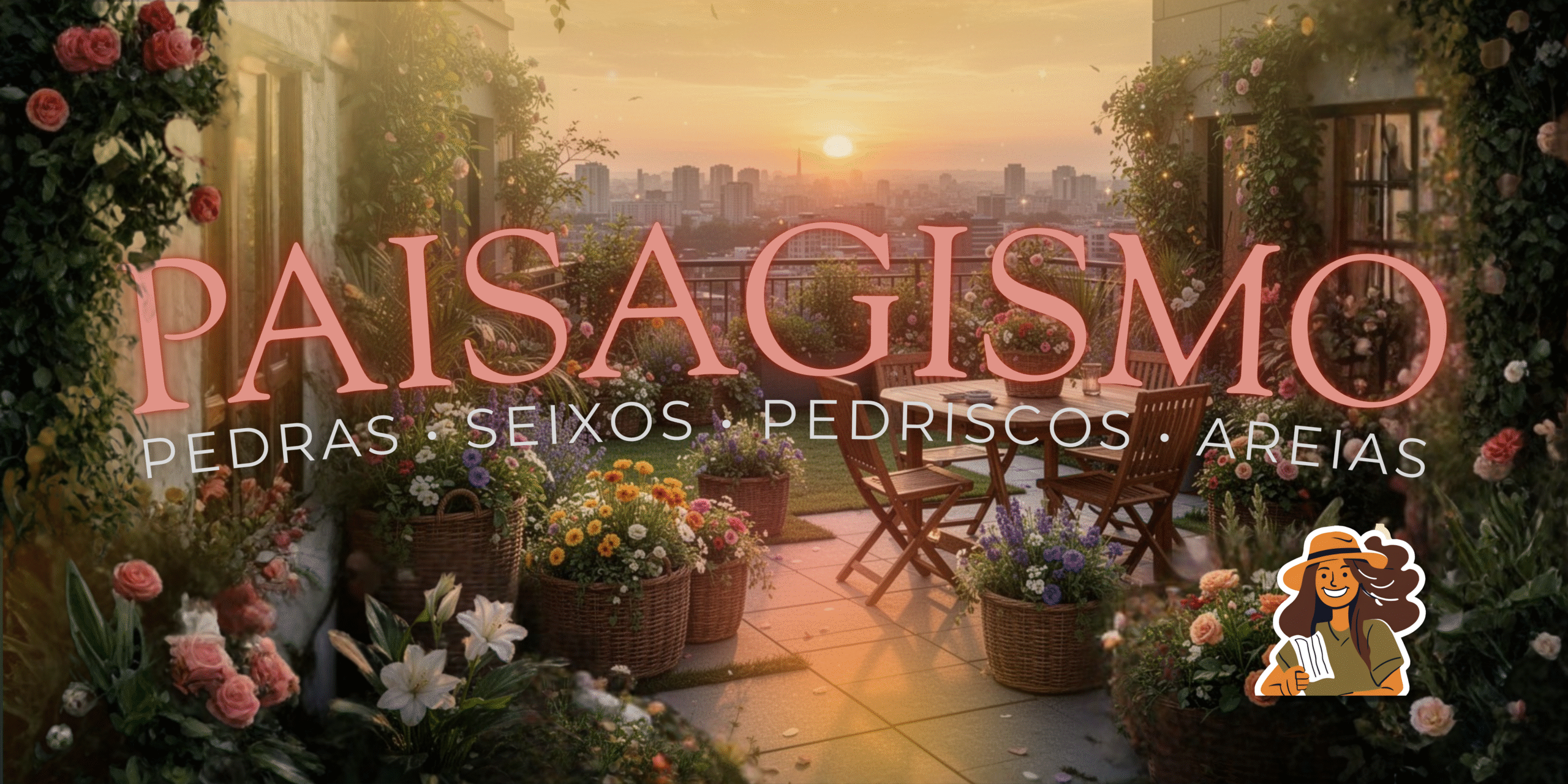 Terraço com jardim florido ao pôr do sol, com rosas, flores silvestres, vasos em cestos e mobiliário externo, representando paisagismo com pedras, seixos, pedriscos e areias.